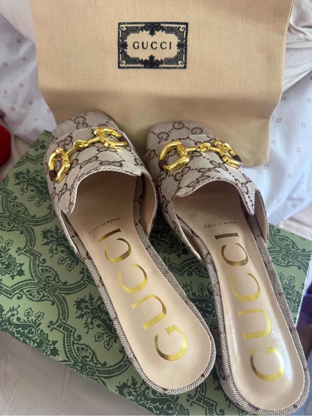 Gucci Beige GG Canvas Horsebit Slide Mules